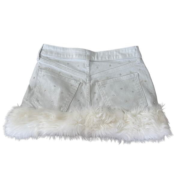 Upcycled Faux Fur Micro Skirt Crystals Y2K White Silver Metallic Voated Denim - Picture 7 of 7